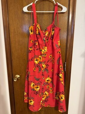 Express Red Midi Dress with Yellow Floral Print